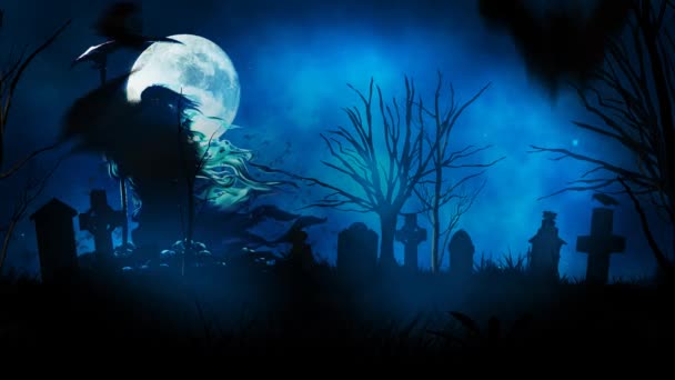 満月の墓とバットを持つグリムリーパー4Kループは 霧の圧延とループ内を飛んで後ろの地面にリーパーとコウモリと満月の墓地を備えています — ストック動画