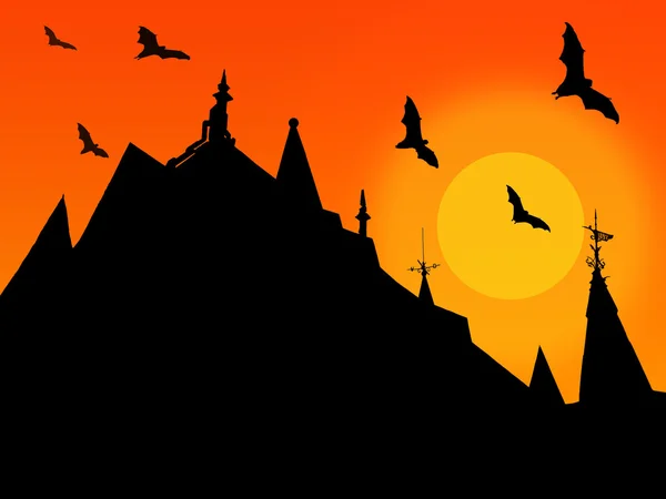 Halloween háttér sziluettek vár tetők weathervanes és naplemente háttérben repülő denevérek — Stock Fotó