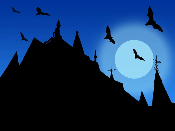 Halloween bakgrund med silhuetter av slottet tak med vindflöjlar och flygande fladdermöss på månen och sky bakgrund — Stockfoto