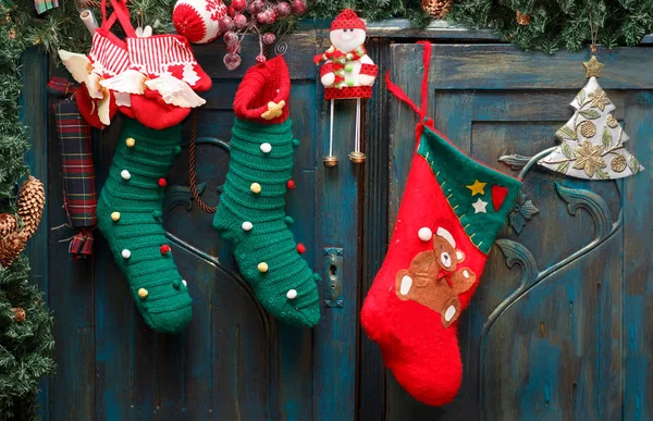 Christmas Decorations Red Santa Boot Green Stockings Evergreen Branch Pine — Stock Photo, Image