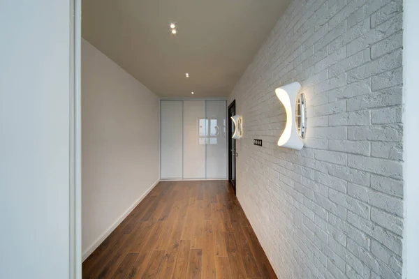 White Room Dark Wooden Floor White Brick Wall — Stock Photo, Image