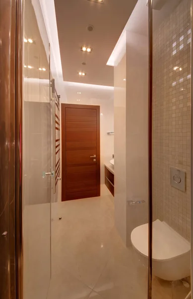 Een Badkamer Met Een Bruine Deur Een Lichte Vloer — Stockfoto