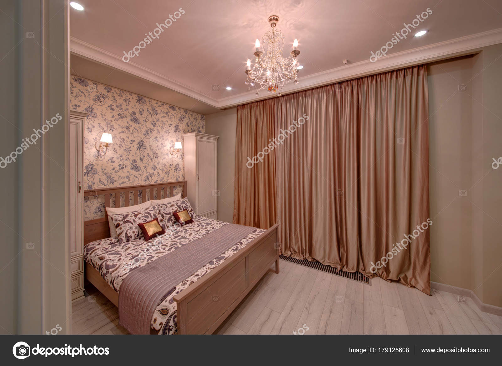 Cream Bedroom Curtains Bed Stock Photo C Twins03 179125608