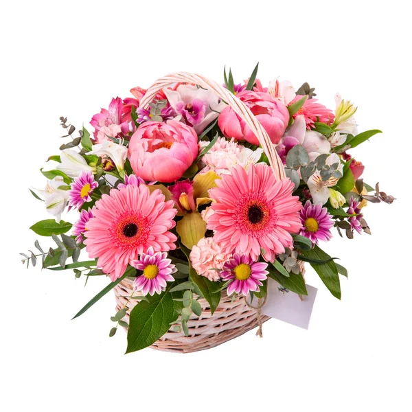 Bouquet Georgians Pion Greens Basket — Stock Photo, Image