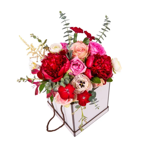 Bouquet Una Scatola Pione Rose Folletti — Foto Stock