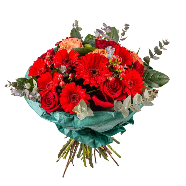 Bouquet Red Georgins Green Paper — Stock Photo, Image