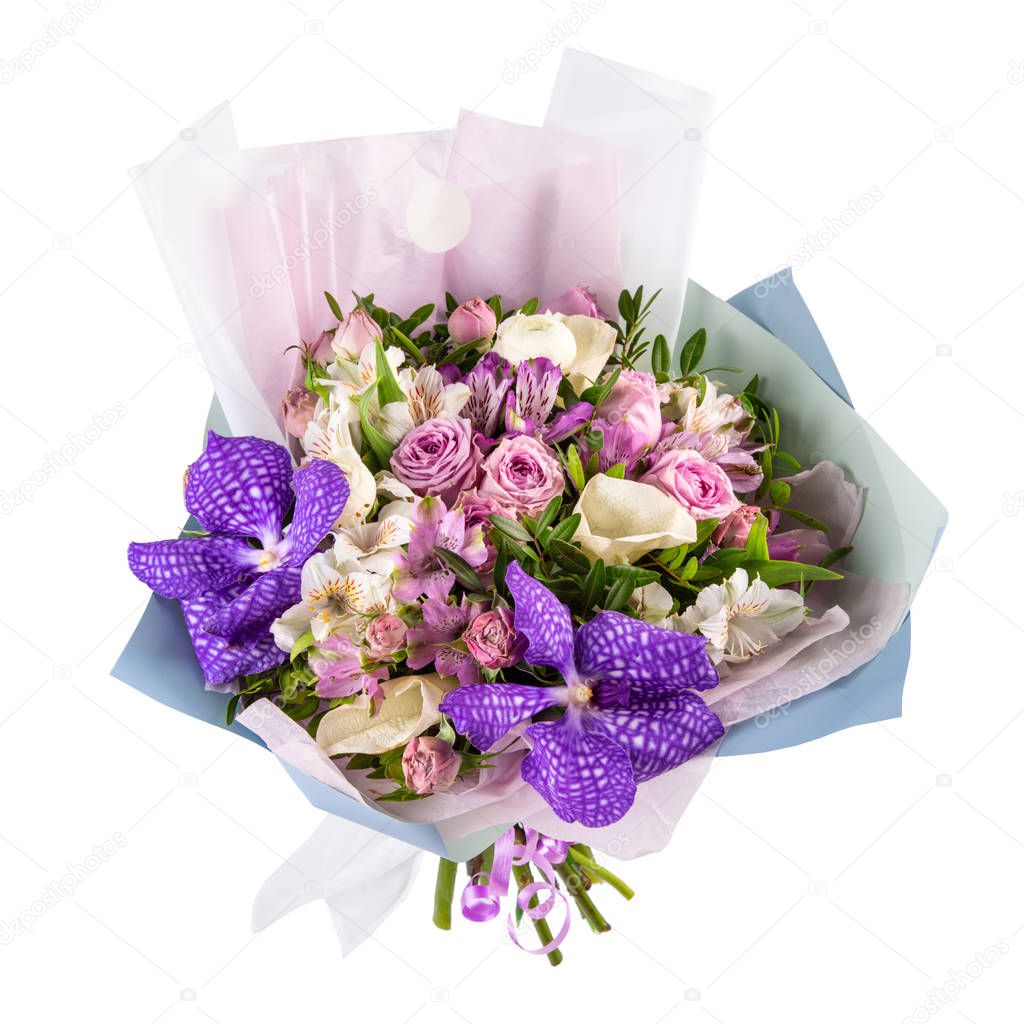 Bouquet of siren orchids with pink roses and fraises