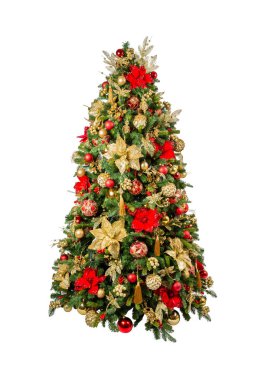 Beyaz zemin üzerinde altın ve kırmızı süslemeleri olan 8056 Noel ağacı