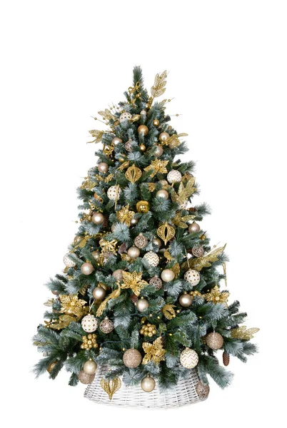 Christmas Tree Gold Flowers White Basket White Background — Stock Photo, Image