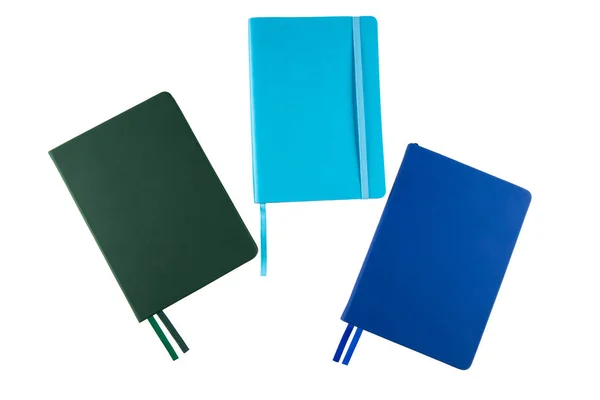 Three Multicolored Notebooks Blue Notebook Rubber Bookmark — Zdjęcie stockowe