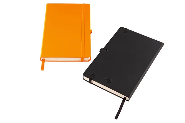 Schwarzes Notizbuch Mit Verschluss Und Orangefarbenes Notizbuch Mit Gummi — Stockfoto
