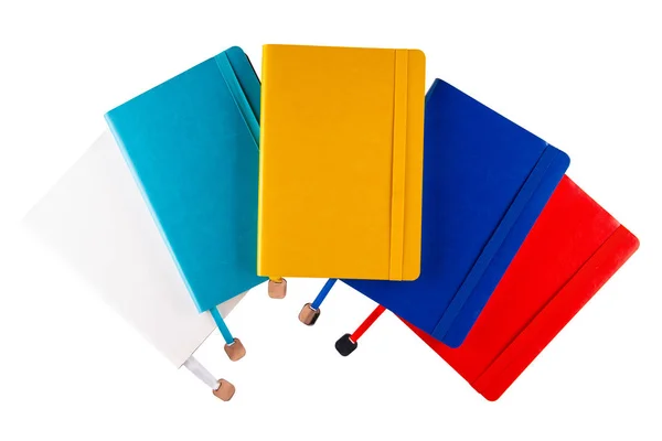 Cuadernos Blancos Azules Amarillos Azules Rojos Con Marcadores Hierro — Foto de Stock