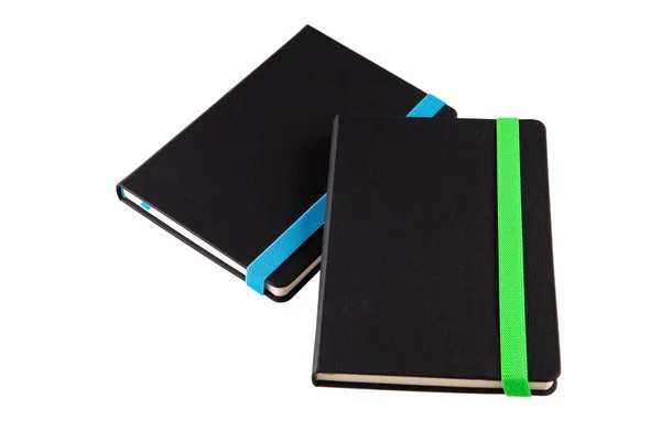 Black Notebook Blue Rubber Black Notebook Green Rubber — Stock Photo, Image