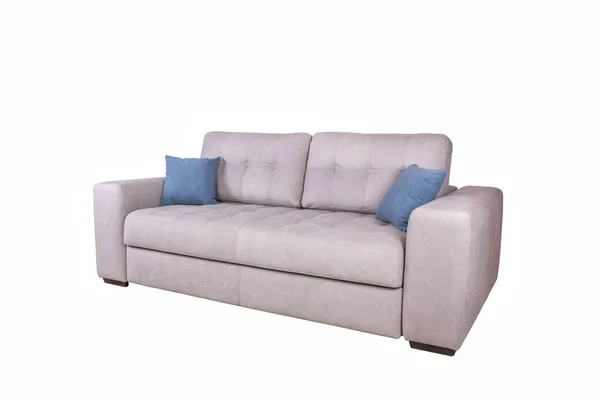 Doppelsofa Aus Hellem Material Mit Blauen Kissen — Stockfoto