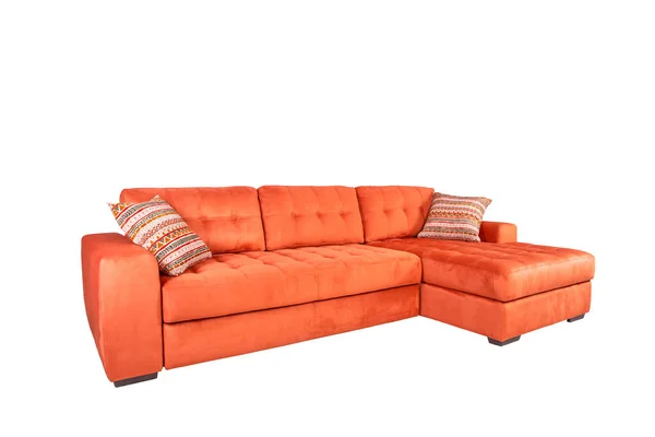 Orange Narożna Sofa Poduszkami Puff — Zdjęcie stockowe