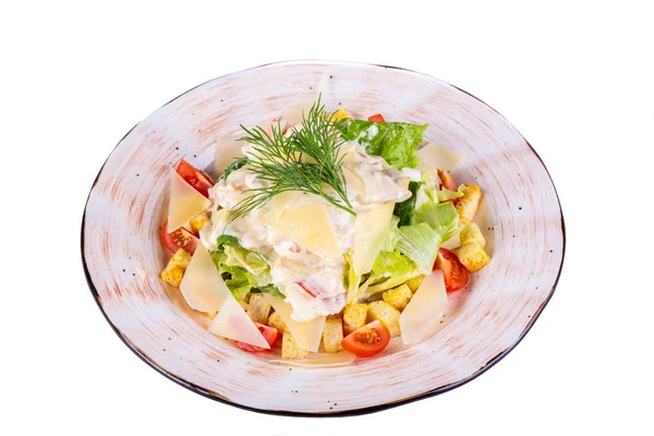 Ensalada César Con Trozos Pollo Migas Queso Parmesano — Foto de Stock