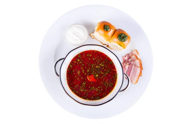 Borsch Rosso Con Pezzi Lardo Panini All Aglio — Foto Stock