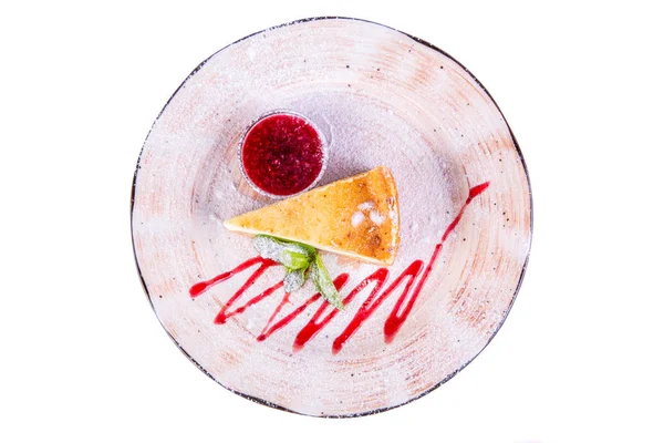 Curd Cheesecake Met Frambozenjam Munt — Stockfoto