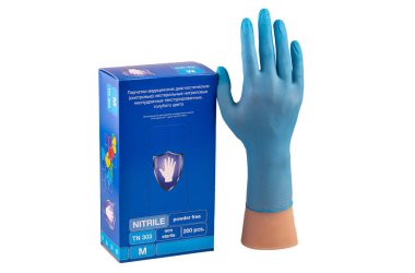 Moscow, Russia - 06/27/2019:Medical diagnostic gloves (viewing), non-sterile, nitrile, ungraded, textured, size M, color - blue clipart