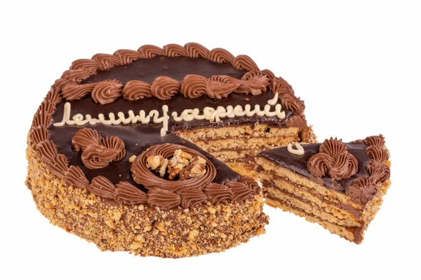 Skär Tårta Med Chokladkräm Och Nötter — Stockfoto