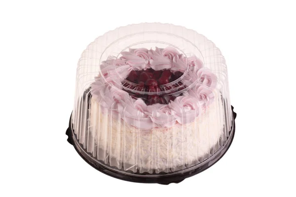 Вишневый Торт Воздушным Кремом Кокосовыми Чипсами Упаковке — стоковое фото