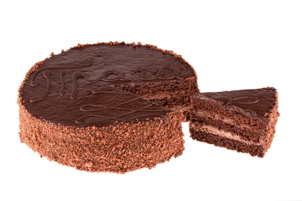 Cortar Pastel Praga Con Crema Chocolate Miga Chocolate Sobre Fondo — Foto de Stock