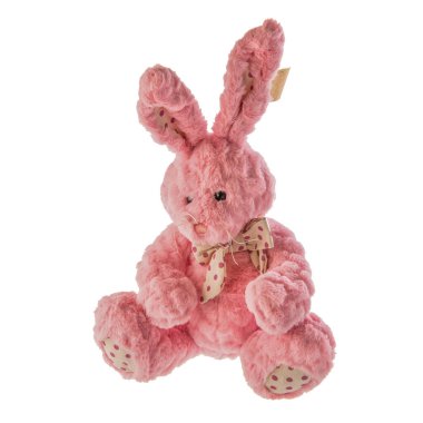 Beyaz arka planda şakacı pembe bir tavşan.