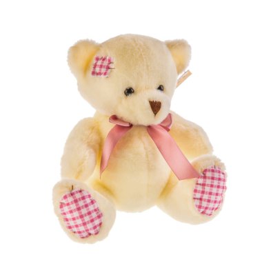 Oyuncak, bej ayı, atlası beyaz arka planda pembe banyosu olan oyuncak ayı.