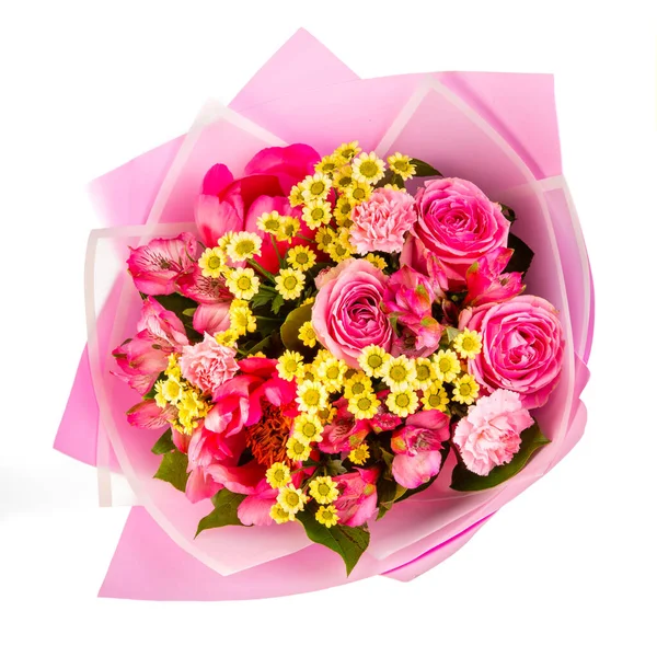 Bouquet Rose Camomille Jaune Roses Roses Papier Rose — Photo