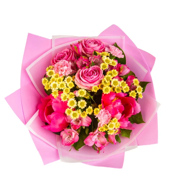 Bouquet Rosa Con Camomilla Gialla Rose Rosa Carta Rosa — Foto Stock