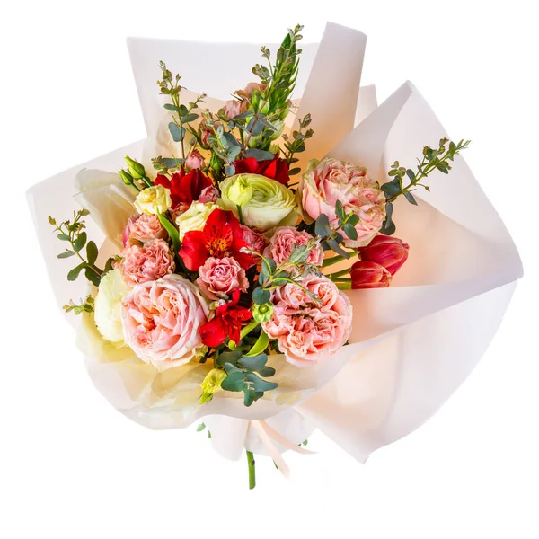 Bouquet Fiori Con Delicate Sfumature Rosa Verdi Carta Leggera — Foto Stock