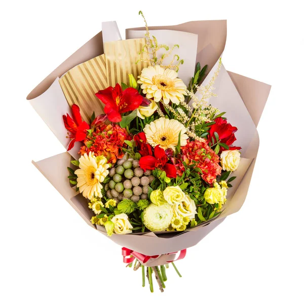 Bouquet Fleurs Rouges Beiges Jaunes Avec Bosses Verts Papier Kraft — Photo