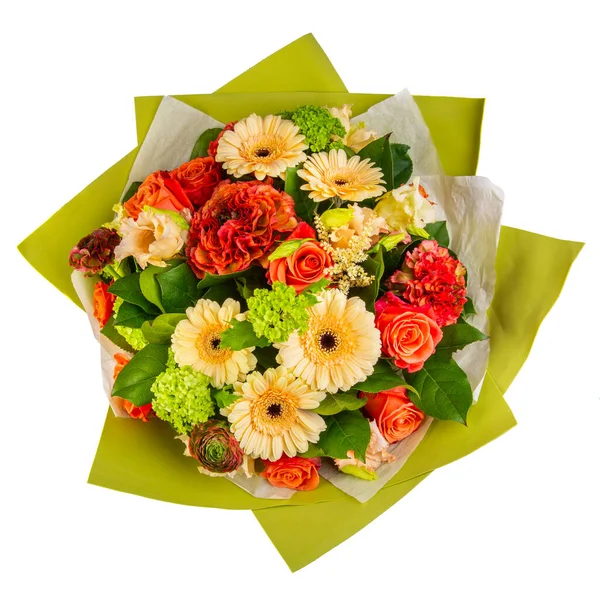 Bouquet Fleurs Rouges Beiges Jaunes Avec Bosses Verts Papier Vert — Photo