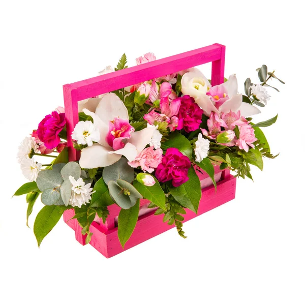 Orchidee Bouquet Legno Rosa Stand Con Foglie Verdi Verdi — Foto Stock