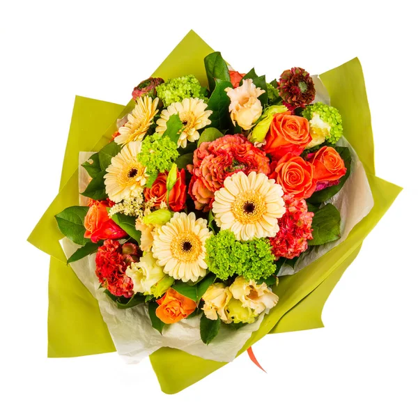 Bouquet Fleurs Rouges Beiges Jaunes Avec Bosses Verts Papier Vert — Photo