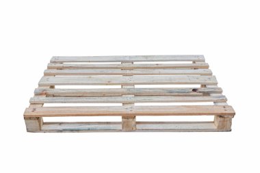 Moskova, Rusya - 01 / 27 / 2020: Ahşap paletler, paletler, yükleyici vasıtasıyla taşınacak nakliye konteynırı