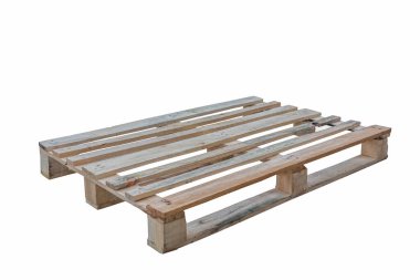 Moskova, Rusya - 01 / 27 / 2020: Ahşap paletler, paletler, yükleyici vasıtasıyla taşınacak nakliye konteynırı