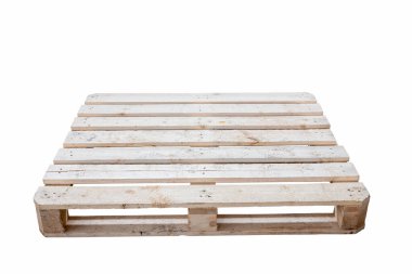 Moskova, Rusya - 01 / 27 / 2020: Ahşap paletler, paletler, yükleyici vasıtasıyla taşınacak nakliye konteynırı