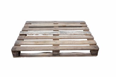 Moskova, Rusya - 01 / 27 / 2020: Ahşap paletler, paletler, yükleyici vasıtasıyla taşınacak nakliye konteynırı