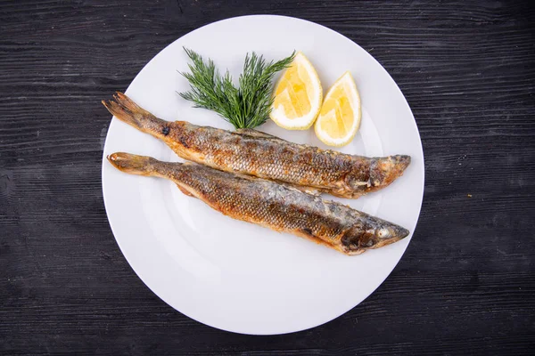 Mackerel Fried Grill Served Lemon Dill — Stock Photo, Image