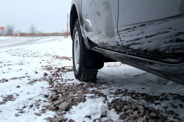 Road Vehicle Ready Drive Snowy Gravel Road Winter Time — Stock Photo, Image