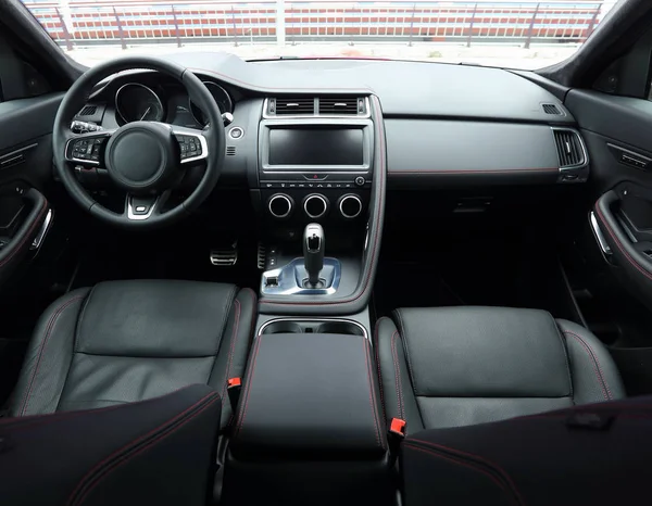 Bovenaanzicht Van Auto Interieur Met Leder Alcantara Bekleding Gestikt Rode — Stockfoto