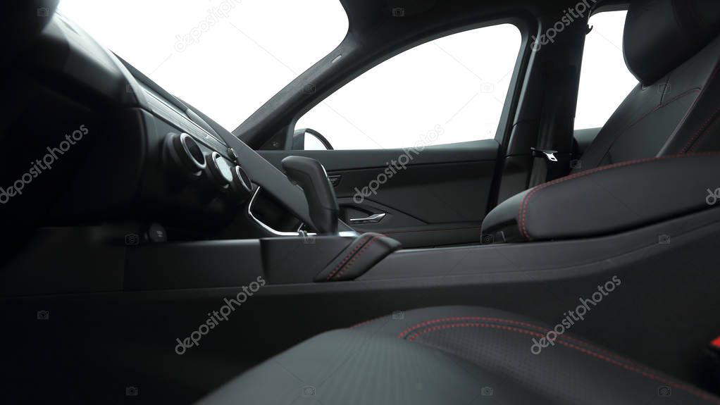 Side view of premium leather car interior stitching red thread 