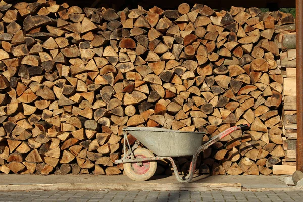 Schubkarre Vor Brennholzstapel Bei Sonnigem Tag — Stockfoto