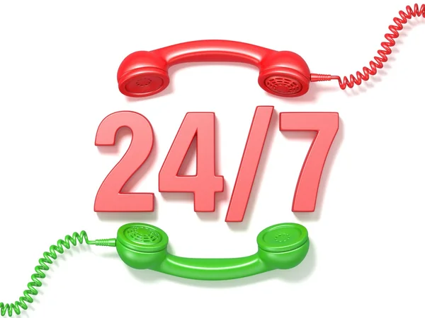 24 horas 7 dias por semana sinal. Receptores de telefone vermelho e verde retro — Fotografia de Stock