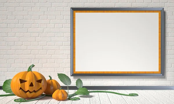 Jack O Lantern kabak, yeşil yapraklar ve üzerinde boş poster alay — Stok fotoğraf