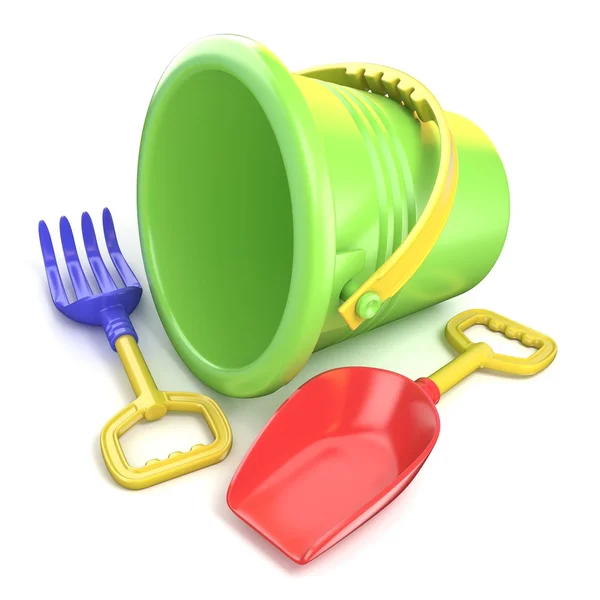 Toy bucket, rake and spade. 3D — Stock Photo, Image