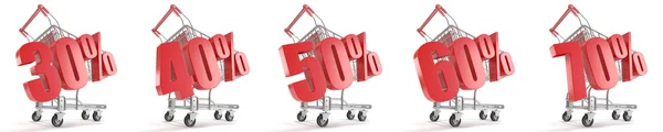 30 %, 40 %, 50 %, 60 %, 70 % réduction pour cent en face de shopping ca — Photo