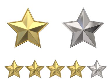 Oylama kavramı. Dört altın yıldız rating. 3D
