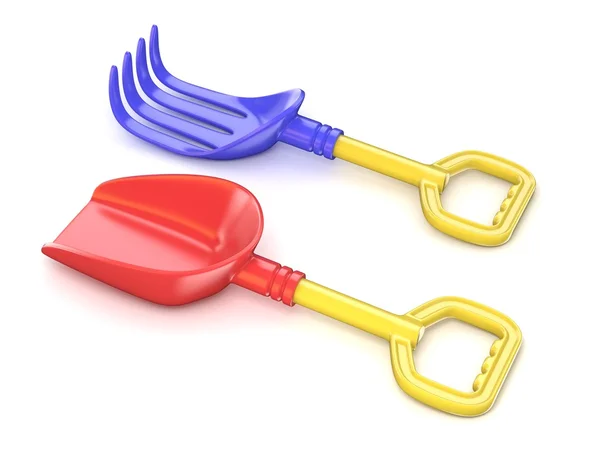 Plastic toy spade and rake. 3D — Stock Photo, Image